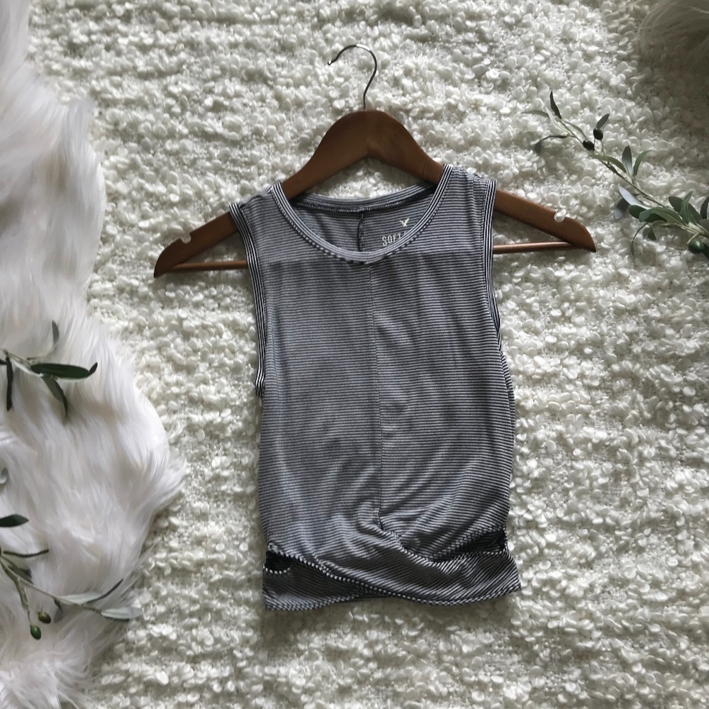 American Eagle XS Black Striped Wrap-front Tank